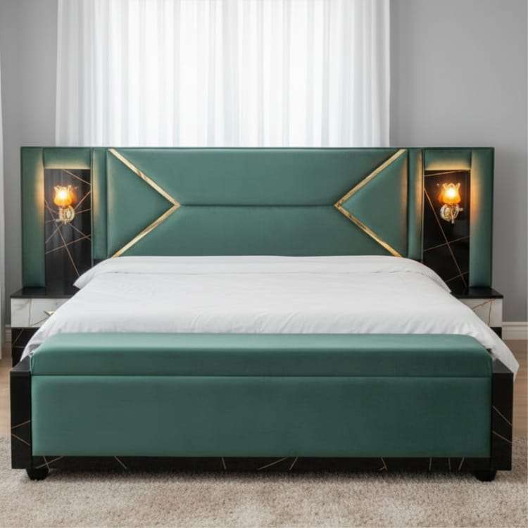 Light Green Luxury King Size Bed with Designer Headboard and Storage